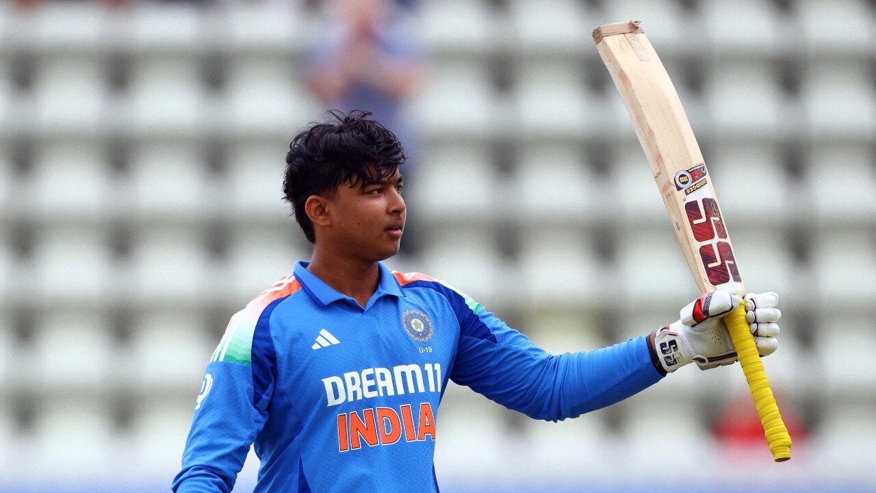 Vaibhav Suryavanshi celebrates his record-breaking century against England